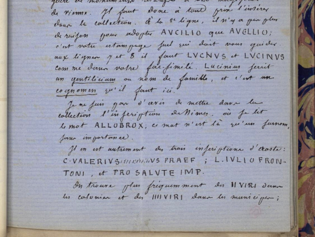 Lettre (détail) de Léon Renier à Auguste Allmer, 22 juillet 1854© Bibliothèque de l’Institut National d’Histoire de l’Art