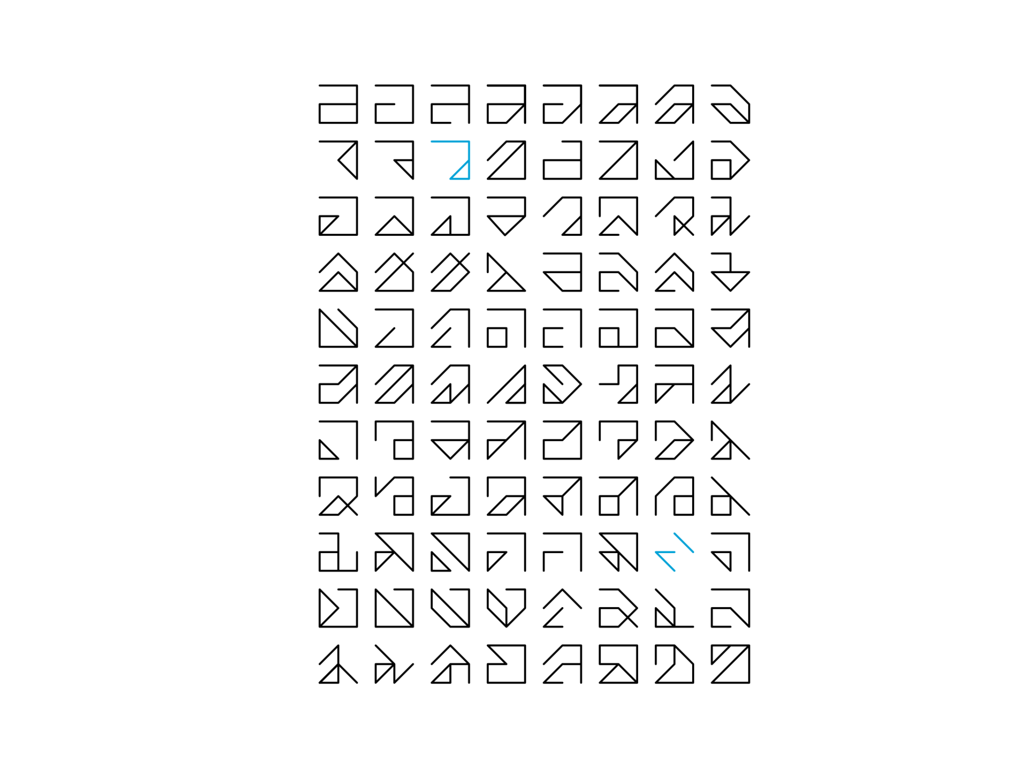 88 formes de a minuscule formées sur la grille. Les a en bleu, par exemple, n’ont aucun segment en commun, et appartiennent pourtant à la même catégorie.